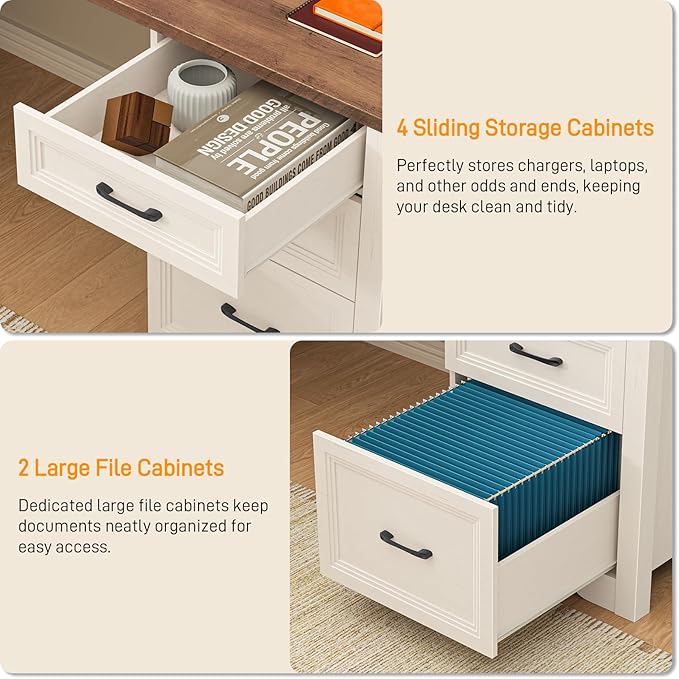 Farmhouse Home Office Desk with 6 Drawers L Shaped Executive Desk with Power Outlets and Triangle Under-Desk Storage Shelf &amp Drawer File Cabinet Corner Computer Desk Brown
