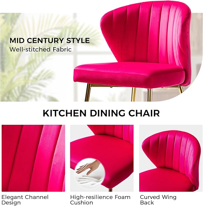HULALA HOME Velvet Dining Chairs Modern Small Armless Accent Chair with Gold Metal Legs Living Room Upholstered Cute Side Chair Elegant Tufted Back Vanity Chair for Bedroom/Beauty Room-Fuchsia