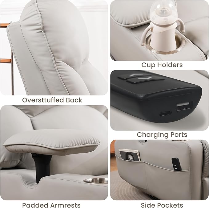 SUNWAVE Power Nursery Rocking Chair with Adjustable Armrests Nursing Chair with USB Cup Holders &amp Blanket Swivel Rocker Recliner with Corduroy and PU Leather Mixed Fabric (Gray)