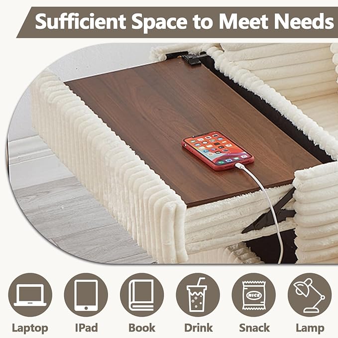 Chaise Lounge Chair Indoor with Ottoman Corduroy Sofa Bed with Table Board USB Ports Cup Holder &amp Pillow Boneless Chaise Lounge for Storage Space Living Room Bedroom Apartment (White)
