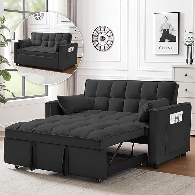 3 In 1 Velvet Convertible Sofa Bed Pull Out Couch Bed with Reclining Backrest And 2 Pillows 54 Full Size Loveseat Sleeper Sofa Futon Couch Beds Couches For Small Spaces Living Room (Black)