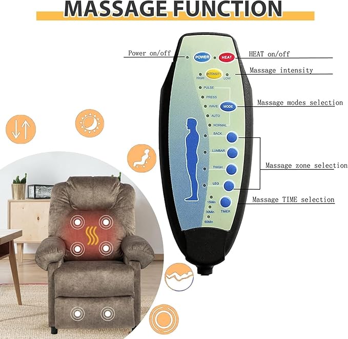 Pushback Massage Recliner Chair with Heat Fabric Heated Small Massaging Reclining Chair Single Sofa for Adults Overstuffed Push Back Manual Recliner for Living RoomBrown