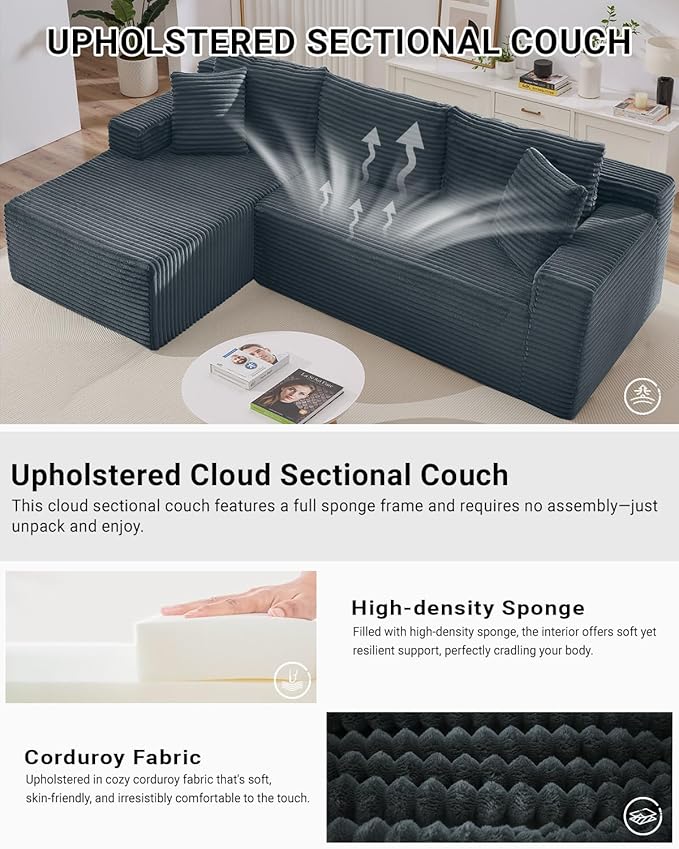 105 Inch Cloud Sectional CouchModern Modular Sectional Sofa with Deep SeatCorduroy Boneless Couches with L-Shape Chaise for Living Room BedroomNo Assembly Required (Dark Grey Left Facing Chaise)