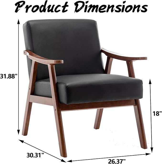 Mid Century Modern Accent Chair Upholstered Armchair Comfy with Wood Legs Siting Chair with Soft Cushion PU Leather Side Chairs for Living Room Bedroom Office (PU Leather Black)