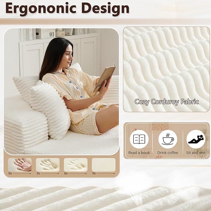 55'' Oversized Round Chair Lounge Chaise Indoor Cloud Boneless Large Circle Chair with Plush Corduroy No Assembly Required Fluffy Modern Sleeper Sofa Bed for Reading Living Room Bedroom(White)