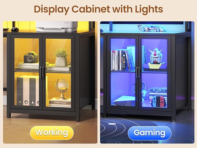 SEDETA L Shaped Gaming Desk with 4 Drawers 109” Computer Desk with Display Cabinet Home Office Desks with 2 Monitor Stands CPU Stand LED Lights and Power Outlet Black