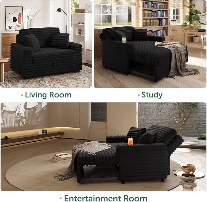 Plush Sofa 52” 3-in-1 Convertible Pull-Out Sofa Bed Sleeper Loveseat with Built-in Cup Holders Reclining Backrest Pet-Friendly for Small Space - Black