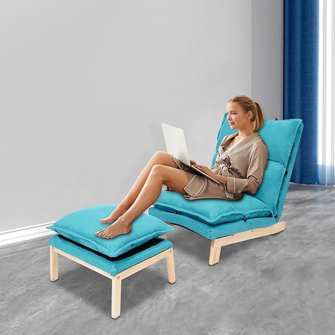 Single Lazy Sofa Lounge Chair with Footstool 5-Position Reclining Comfort for Living Room Balcony Japanese Tatami Floor Recliner Modern Leisure Recliner Indoor Use Blue
