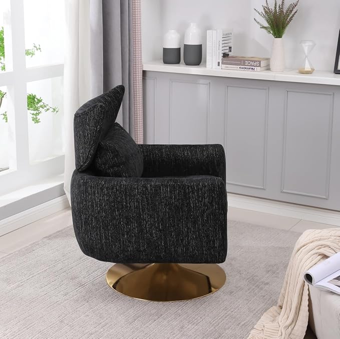 Swivel Accent Chair Armchair Classic Mid-Century 360 Degree Swivel Sofa ChairUpholstered Accent ChairTeddy Fabric Leisure Chair for Living RoomBedroom Office (Black + Linen)