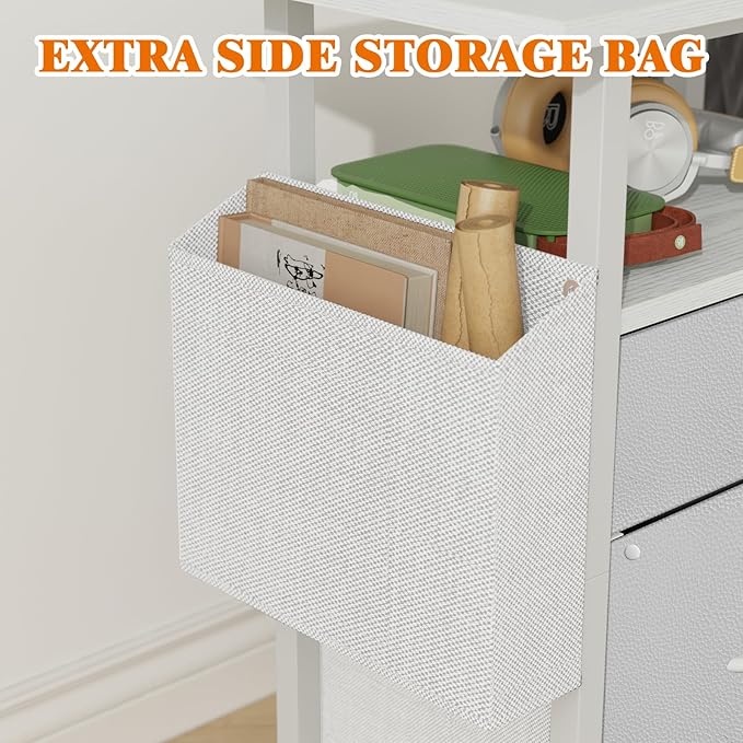 GYIIYUO 2 Drawer File Cabinet with 24'' Extended Desktop Mobile Filing Cabinet Rolling File Cabinet with Side Bag Fabric Drawer Fits A4/Letter Size Printer Stand Home Office White
