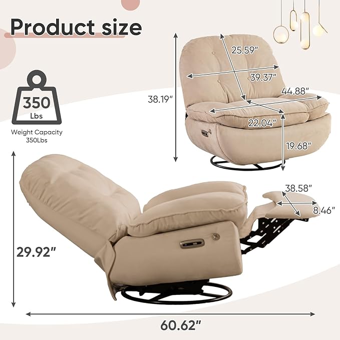 Smart Oversized Electric Recliner Chair 360° Round Swivel Rocking Glider Rocker for Adults Modern Comfy Ergonomic Chaise Lounge Indoor Theater Seating Living Room Chairs Reading Soft Camel Fabric
