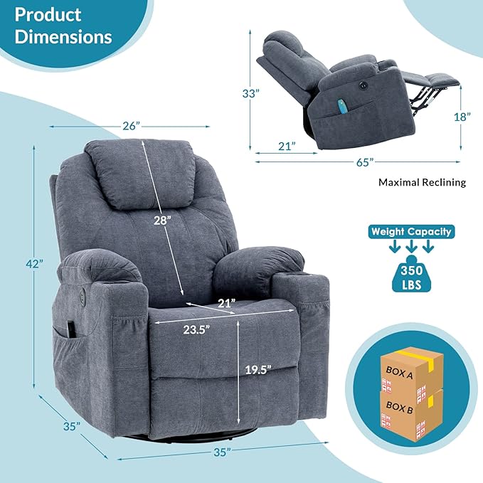 Manual Swivel Glider Rocker Recliner Chair with Massage and Heat 2 USB Ports 2 Cup Holders 2 Side Pockets and 2 Front Pockets Fabric (Grey-Blue)