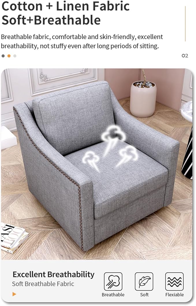 Accent Chair Modern Swivel Velvet Chair Linen Blend Soft Ergonomics Chair Accent Chair Living Room Chair Bedroom Chair Home Chair with Black Legs for Indoor Home Office (Grey)
