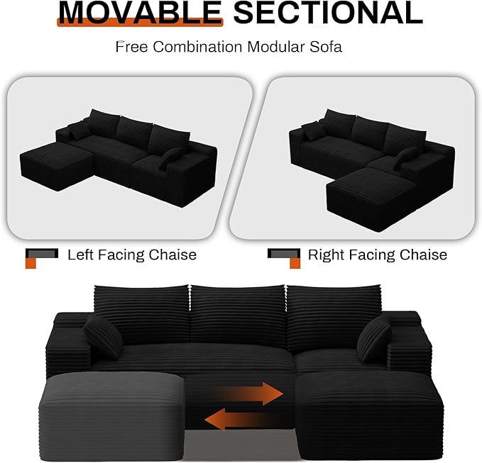 108 Sectional Couches for Living Room Comfy L Shaped Boneless Couches Modern Deep Seat Modular Sofa Cloud Corduroy Couch with Movable Ottoman No Assembly Needed Black