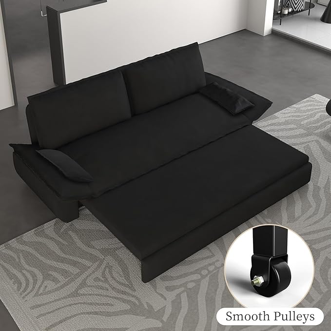 Rovibek 73 Pull Out Couch Queen Size 3 in 1 Convertible Sleeper Sofa Bed Velvet Convertible Sofa Bed Futon Loveseat Sleeper for Living Room Apartment Black
