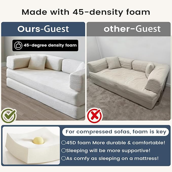 Convertible Sleeper Sofa Bed Corduroy Upholstered Green Modular Floor Couch Queen/King Size Foldable Futon with Memory Foam for Apartment Living Room Bedroom (Off White) (Blue 80.15) | Convertible s