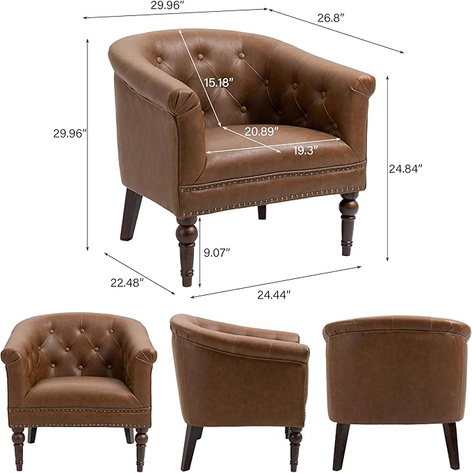Accent Chair Upholstered Faux Leather Barrel Chair with Nailed Trim Comfy Club Armchair for Reading Living Room Bedroom Waiting Room (Rust Set of 1)