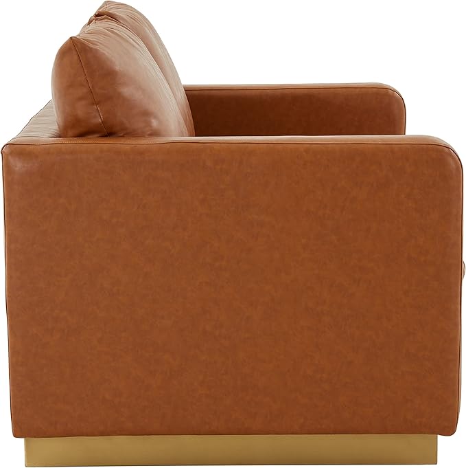 LeisureMod Nervo Modern Upholstered Leather Loveseat Sofa 2-Seater Living Room Couch with Gold Metal Base and Removable Cushions Small Space Furniture for Living Room Office Cognac Tan