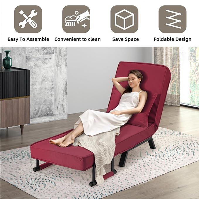 Convertible Sofa Bed Sleeper ChairSingle Person Chaise Lounge Couch with PillowUpholstered Lazy Bed with 6 Angles Adjustable BackrestFolding Sofa Arm Chair for Apartment/Office/Home (Red)