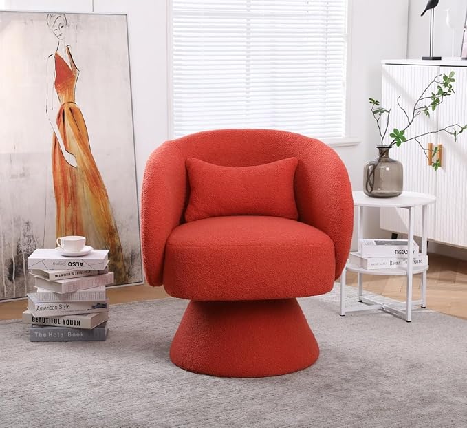 Swivel Accent Chair Swivel Barrel Chair with Pillow 360 Degree Swivel Armchair Round Club Chair for Living Room Bedroom Office Lounge (Orange + Faux Fur)