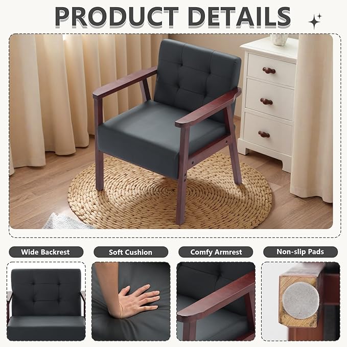 Anwick Mid-Century Modern Accent ChairPU Leather Living Room Chair with Solid Wood FrameComfy Armchair Lounge Reading Chairs for Bedroom Office Small Spaces (Black)