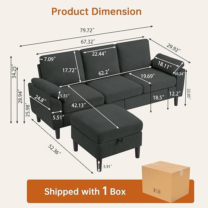 80 Convertible Sectional Sofa Small L Shaped 3 Seat Couch with Reversible Chaise Modern Fabric Sofa Couches for Living Room Apartment and Small Space Black