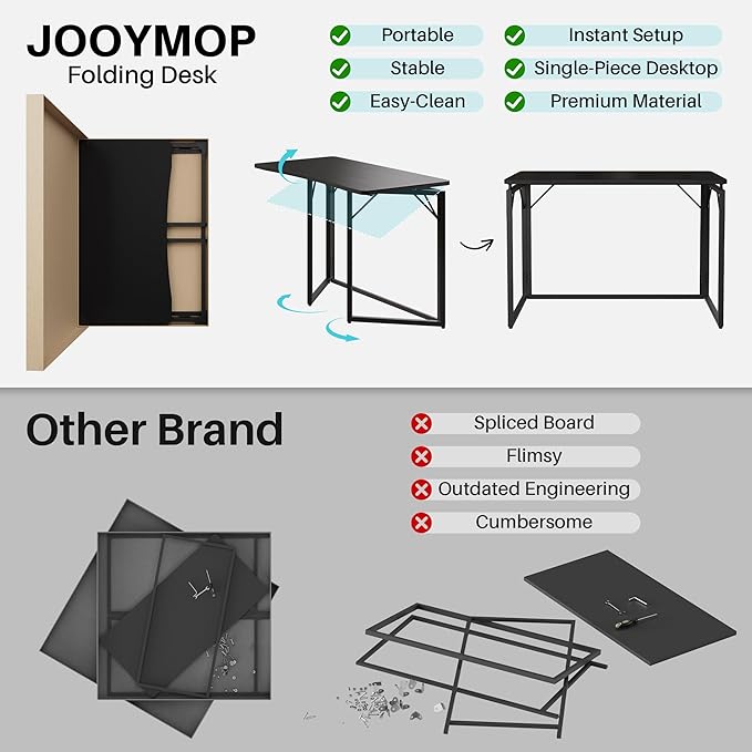 JOYMOOP Black 47.2 Folding Desk No Assembly Small Foldable Desk for Home Office Wooden Top Folding Computer Desk for Working Writing Studying - Large Size