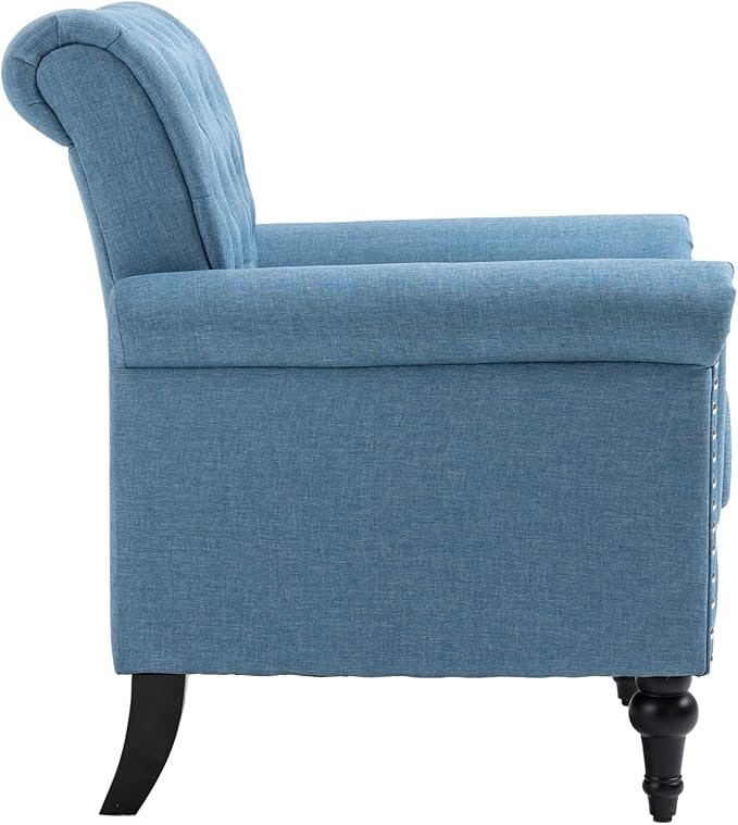 Mid Century Modern Accent Chair Linen Armchair wTufted BackWood Legs Upholstered Lounge Arm Chair Single Sofa for Living Room BedroomLight Blue