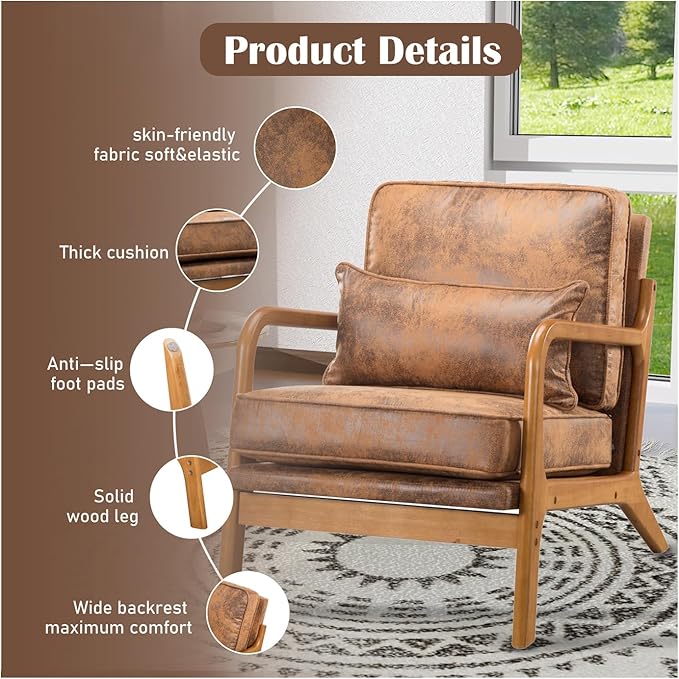 Leather Armchair with Wood Frame Waist Cushion Mid Century Modern Comfortable Single Person Sofa Chair Armrest Reading Accent Chairs for Living Room Bedroom (Brown)