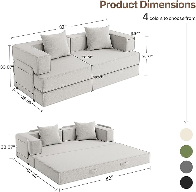 Claiks 4-in-1 Convertible Sofa Bed82 Inch Compression Sofa with Corduroy Fabric Pull Out Sleeper Sofa with 2 Pillows &amp 4 Side Pockets for Living Room Bedroom ApartmentNo Assembly RequiredBeige