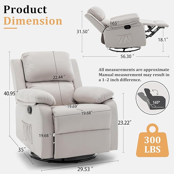 Recliner Chair 360 Swivel Rocker Chair for Adults Small Rocking Recliner for Small Spaces Upholstered Fabric Glider Recliner Nursery (Swivel Rocker Recliner Off White)