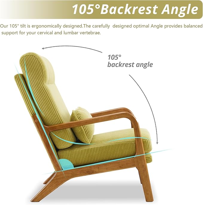 Karl home Mid-Century Modern Accent Chair Living Room Chairs with Pillow High Back Corduroy Upholstered Lounge Armchair with Solid Wood Frame &amp Soft Cushion for Bedroom Reading Room Green