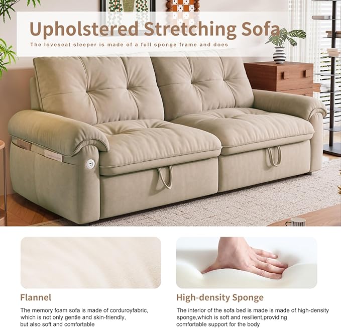 77.2'' Multifunctional Loveseat Sleeper Sofa Couch with Pull-Out Bed 3-in-1 Modern Velvet Convertible Sofa Bed with USB and Side Pockets Easy Assembly Living Room Apartment Brown