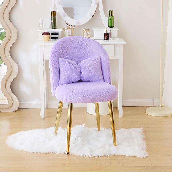 VINGLI Fluffy Girls Vanity Chair with Back &amp PillowCute Small Cozy Desk Chair No WheelsComfy Makeup Ch with Ajustable Gold Legsfor BedroomLiving RoomSmall SpacePurple