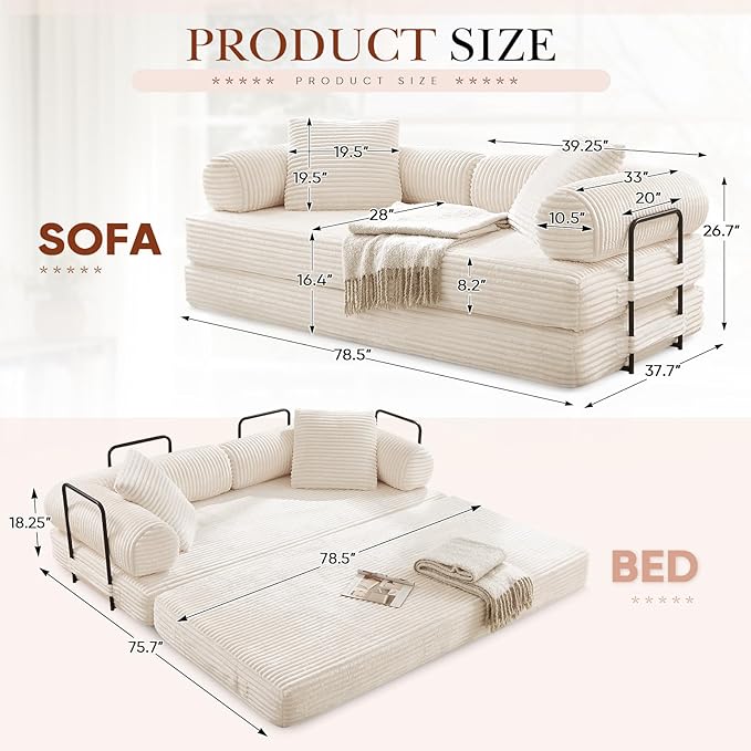Modular Couch Bed Convertible Folding Plush Corduroy Comfy Floor Memory Foam Compression Loveseat Sleeper Sofa Couch King Size Bed for Guest Room Living Room Bedroom No Assembly Required Beige