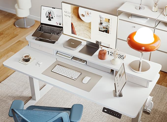 CubiCubi 48 x 24 Inch Electric Height Adjustable Standing Desk with Double Drawers 4 Adjustable Feet &amp 2 Hooks Home Office Computer Workstation White