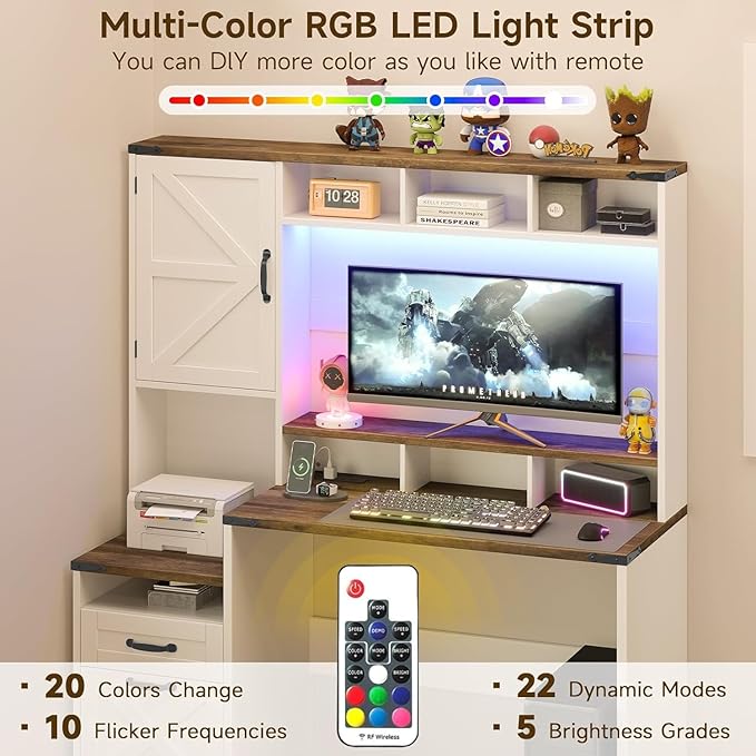 Farmhouse Executive Desk 51 Computer Desk with 2 Drawers Storage Cabinet and RGB LED Lights Power Outlets Wood Home Office Desk with Hutch and Monitor Stand for Work Study Writing Rustic White