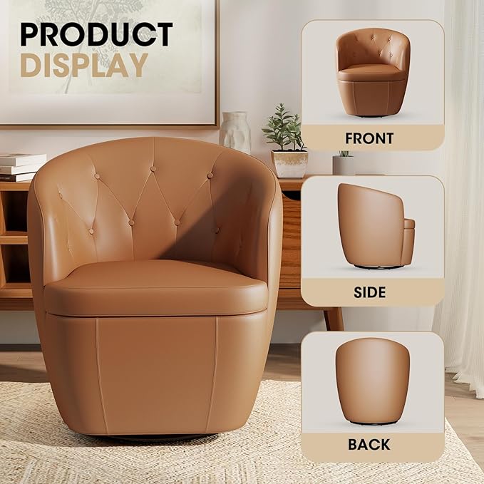360° Swivel Leather Accent Chair Modern Barrel Club Chair with Leather Upholstery and Sturdy Base Comfortable Armchair for Living Room Bedroom Reading Nook Brown