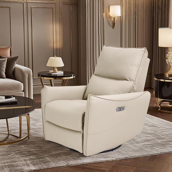 Recliner Sofa Rocking Chair Swivel Power Reclining Adjustable 360 Degree Spinning with Ergonomics Lumbar Support Natural Leather for Home Theater Seating Living Room Bedroom Nursery Beige