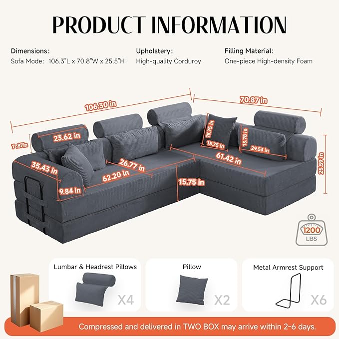 106 L-Shaped Modular Boneless Couch 2-Piece System (2×70.87) Convertible Sectional to 141.7 Straight Sofa Corduroy Couch in a Box Headrest &amp Back Pillows for Living Room Dark Blue