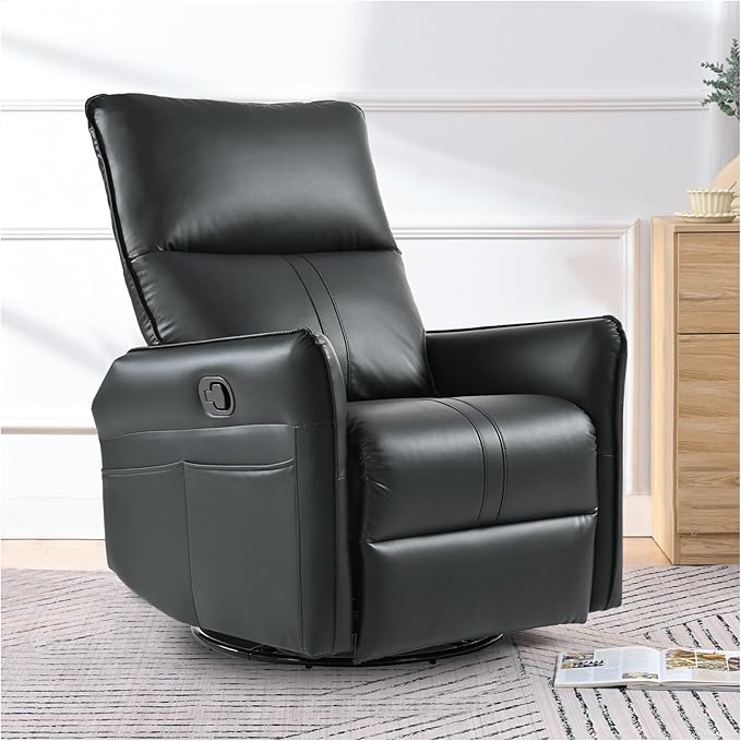 cinkehome Overstuffed Swivel Glider Recliner Manual Swivel Rocking Recliner Faux Leather Rocker Recliner Chair Side Pockets Black