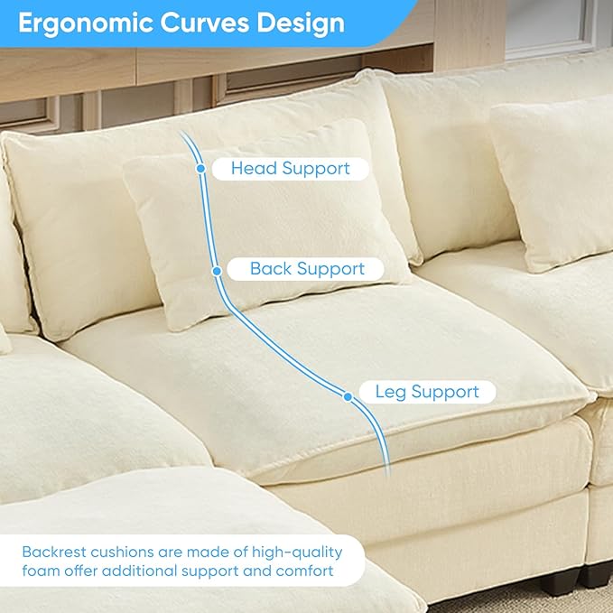 Mjkone 118” U Shape Sectional Couch with Movable Ottoman Oversized Modular Comfy Cloud Sofa with Double Layer Cushion 5 Seater Deeper Seat Couches for Living Room/Home Office/Apartment-Beige