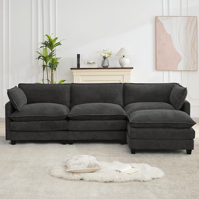 ROWHY Oversized Modular Sectional Couch with Movable Ottoman 112 Modern Convertible L Shaped Sofa Set 4 Seat Comfy Cloud Couch with 2 Throw Pillows for Living Room Chenille Charcoal Grey