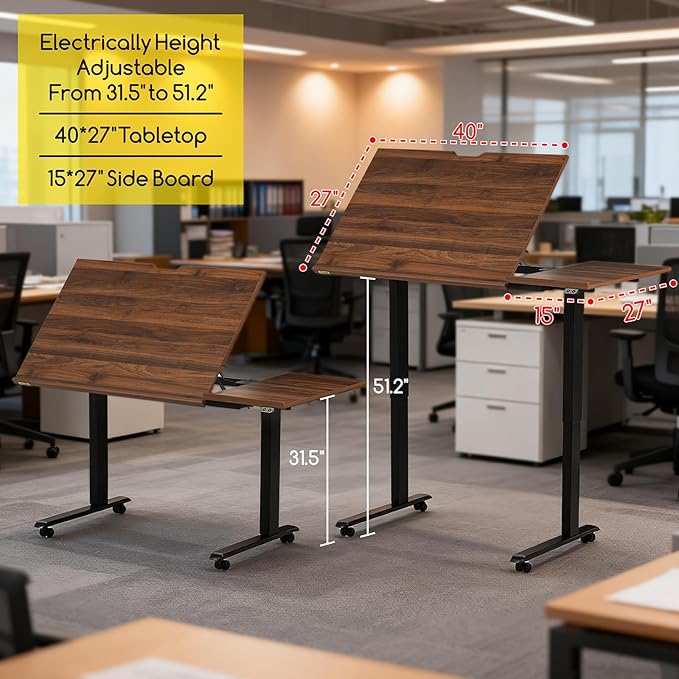 MEEDEN Electric Adjustable Office Table: 31-52 Height Adjustable Craft Desk- Tiltable Tabletop Sit Standing Home Office Desk-Walnut