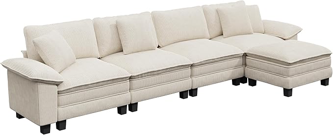 157-Inch L Shaped Sectional Sofa with Cloud Cushions Deep Seat Modular Couch Set w/ 5 Seats &amp 1 Ottomans Removable Arms Plush Corduroy Upholstery for Living Room Apartment - Beige