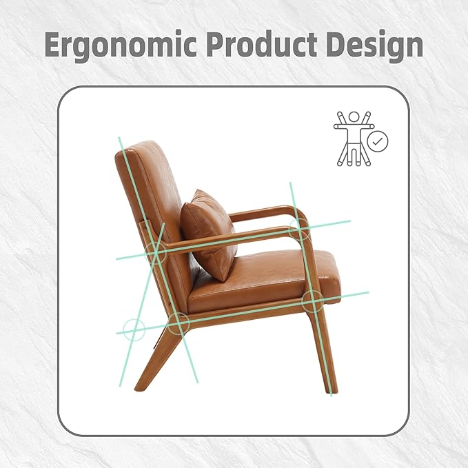 Modern Accent Chair Solid Wood Padding Lounge Armchairs with One Pillow for Living Room Bedroom Guest Room (Light Brown PU)