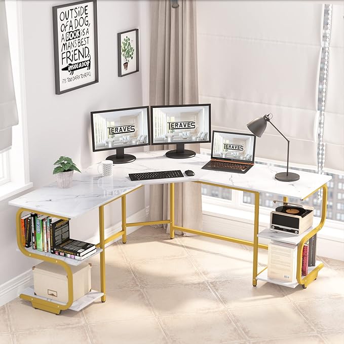 Teraves Modern L Shaped Desk with Shelves64.84 Computer Desk/Gaming Desk for Home OfficeCorner Desk with Large Desktop (White Marbling+ Gold Frame Large+4 Tier Shelves)