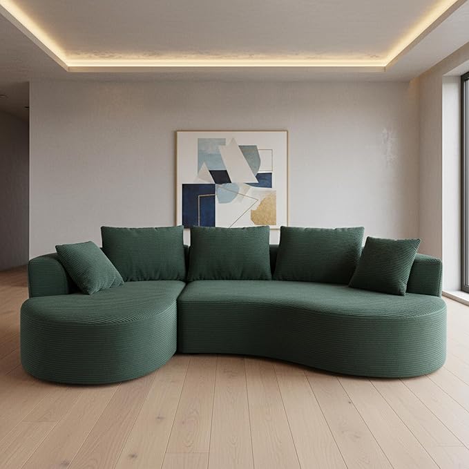 ERYE Oversized Curved Tight Backrest Sofa Floor Boneless Modular Foam Sofa Couch with Left Facing Chaise Lounge and 5 Pillows Corduroy Upholstered No Assembly Required