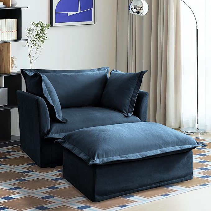 49'' Chenille Chaise Lounge Chair Indoor Oversized Upholstered Sleeper Sofa with Movable Ottoman Removable &amp Washable Sofa Cover for Living Room Home Theater ApartmentBlue