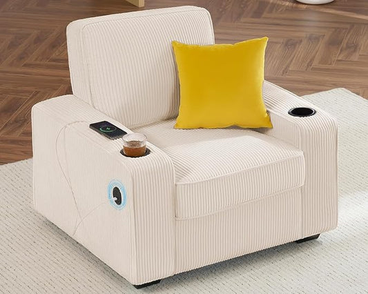 AMERLIFE Corduroy Sofa Chair Modern Comfy Accent Chair with Cup Holders &amp USB Ports Upholstered Living Room Chair Beige